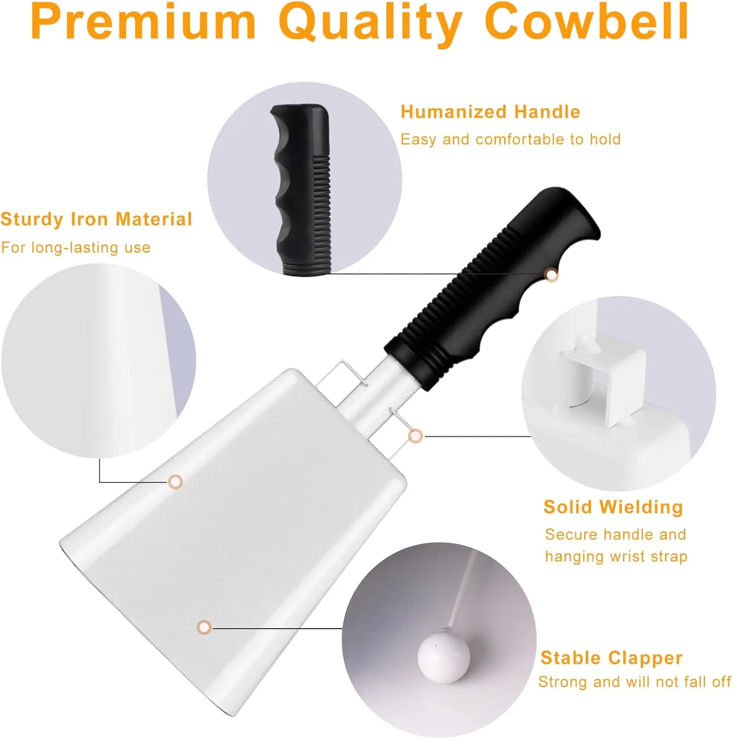 cyrico Cow Bell, 2 Pack Cheering Cowbells for Sporting Events, 10 Inch Large Cow Bells Noise Makers, Solid White Steel Hand Bell Chimes Alarm for Football Games, School, Percussion Musical Instruments