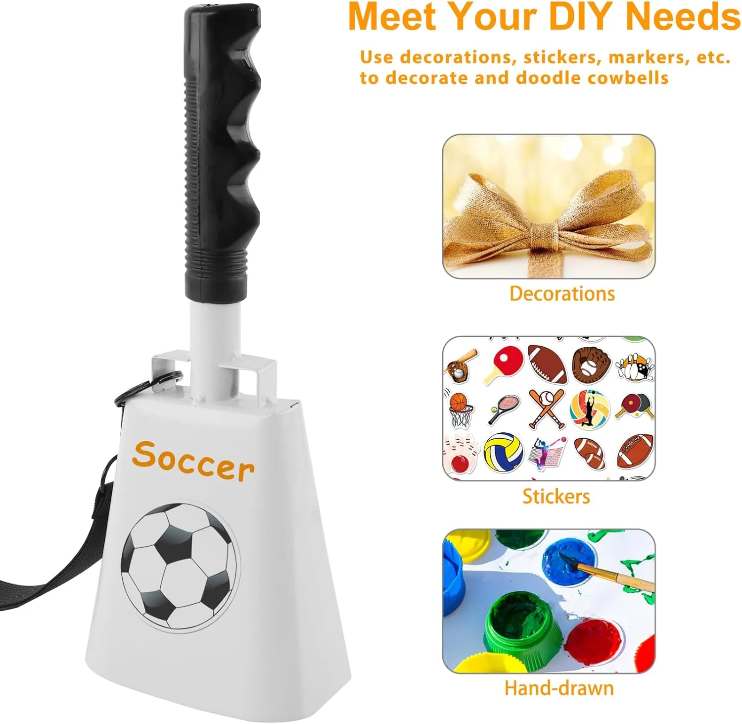 cyrico Cow Bell, 2 Pack Cheering Cowbells for Sporting Events, 10 Inch Large Cow Bells Noise Makers, Solid White Steel Hand Bell Chimes Alarm for Football Games, School, Percussion Musical Instruments