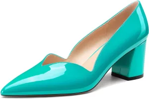 DearOnly Womens Close Pointed Toe Mid Block Heel Sexy Slip-on Pumps Dress Prom Office Patent Leather Shoes 2.4 Inches Heels