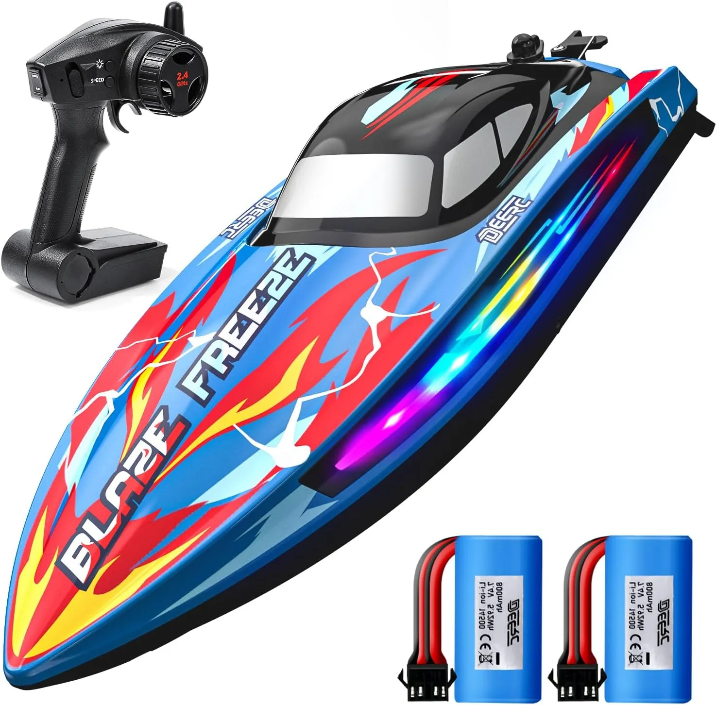 DEERC Fast RC Boat for Pool & Lake with LED Light, 20 MPH, 40  Mins, Self Righting Remote Control Racing Speed Boat for Kids, 2.4Ghz Summer Water Toy Gift