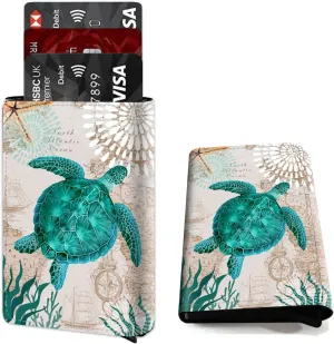 DEGDFSGR Credit Card Holder Aluminum Auto Pop Up Wallet Case,Leather Card Case Front Pocket Trifold Wallet with RFID Blocking Banknote Slot Thin Wallets for Women Men Girl, Blue Sea Turtle