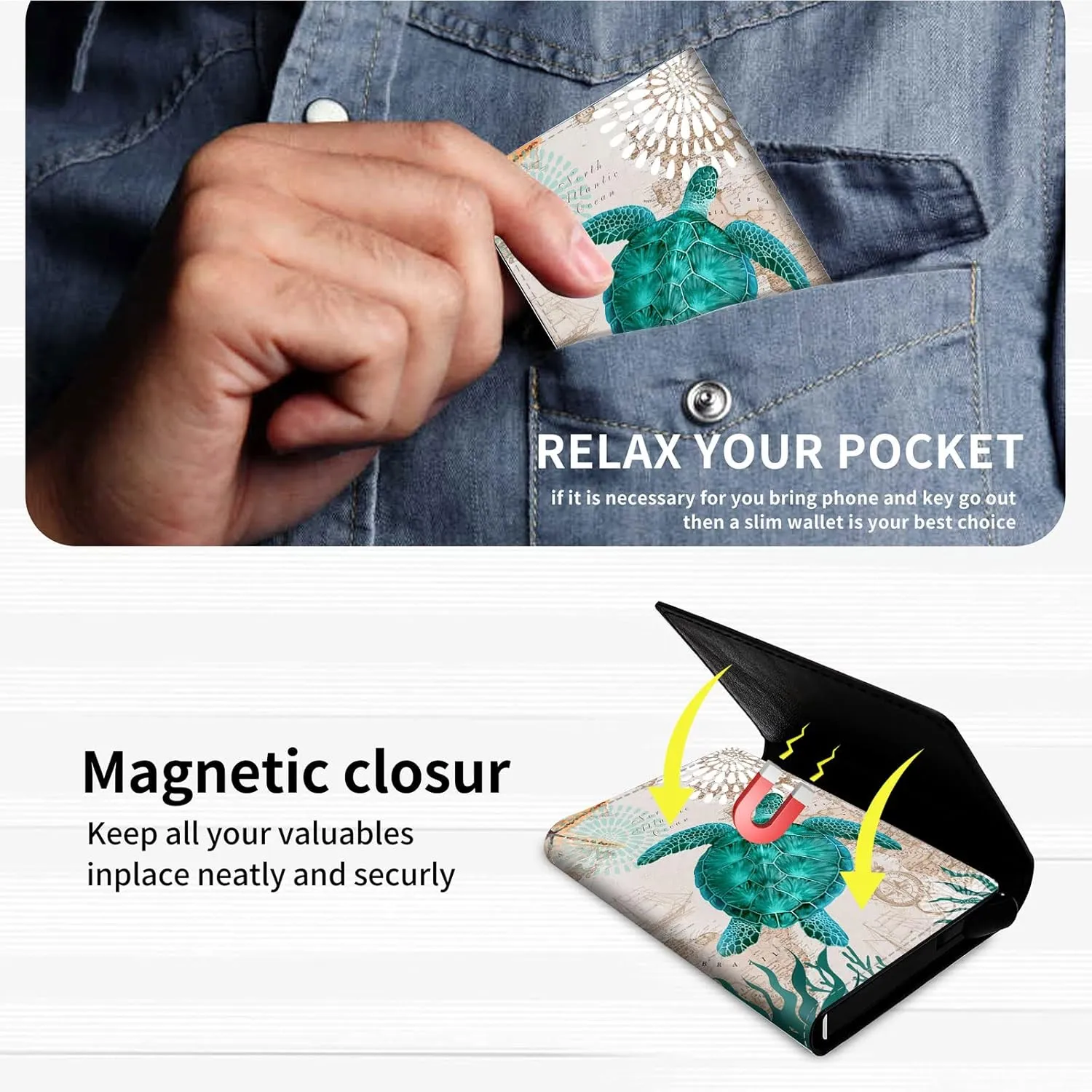 DEGDFSGR Credit Card Holder Aluminum Auto Pop Up Wallet Case,Leather Card Case Front Pocket Trifold Wallet with RFID Blocking Banknote Slot Thin Wallets for Women Men Girl, Blue Sea Turtle
