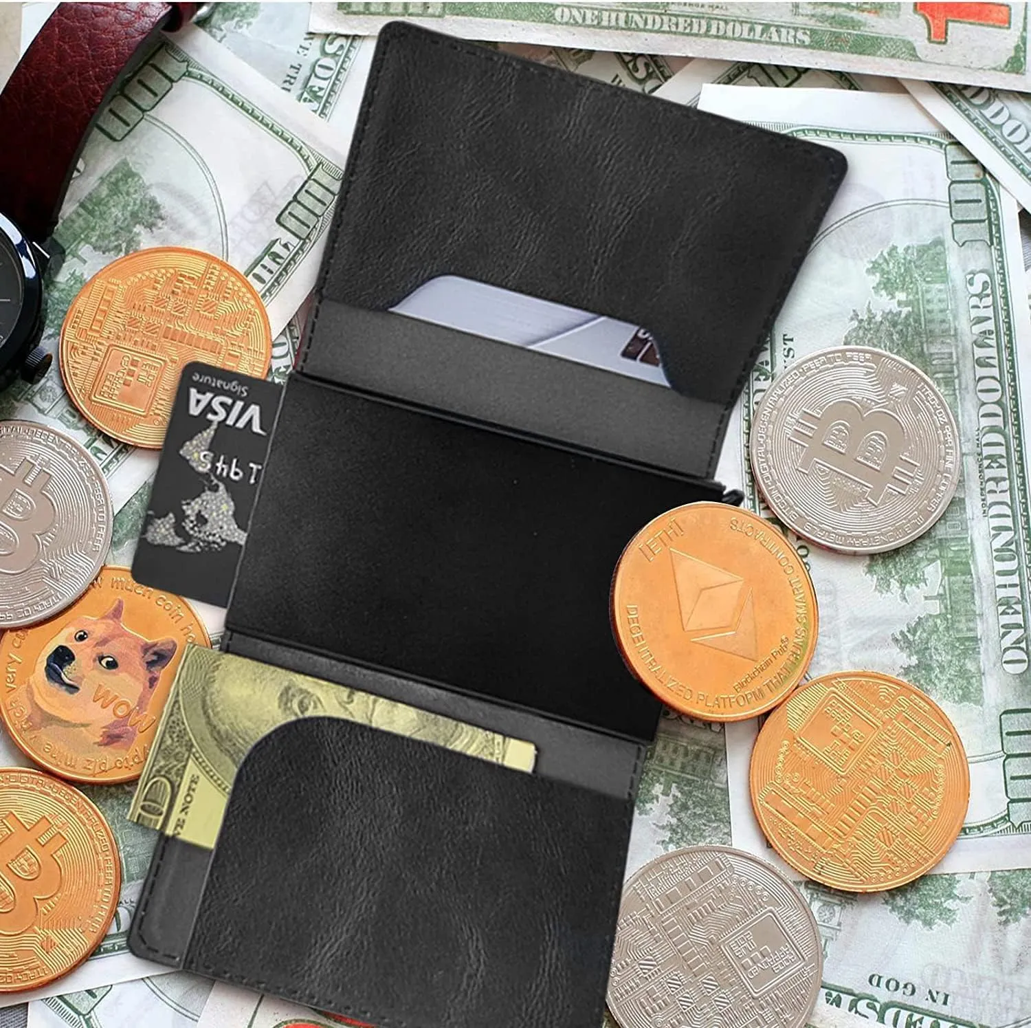 DEGDFSGR Credit Card Holder Aluminum Auto Pop Up Wallet Case,Leather Card Case Front Pocket Trifold Wallet with RFID Blocking Banknote Slot Thin Wallets for Women Men Girl, Blue Sea Turtle