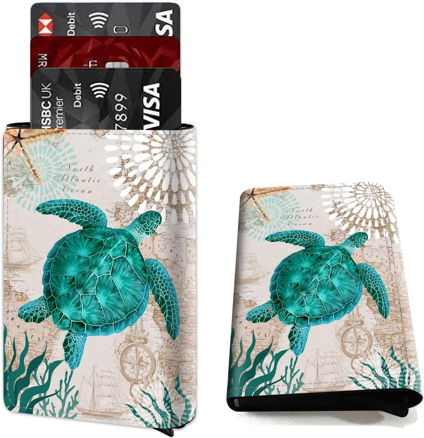 DEGDFSGR Credit Card Holder Aluminum Auto Pop Up Wallet Case,Leather Card Case Front Pocket Trifold Wallet with RFID Blocking Banknote Slot Thin Wallets for Women Men Girl, Blue Sea Turtle