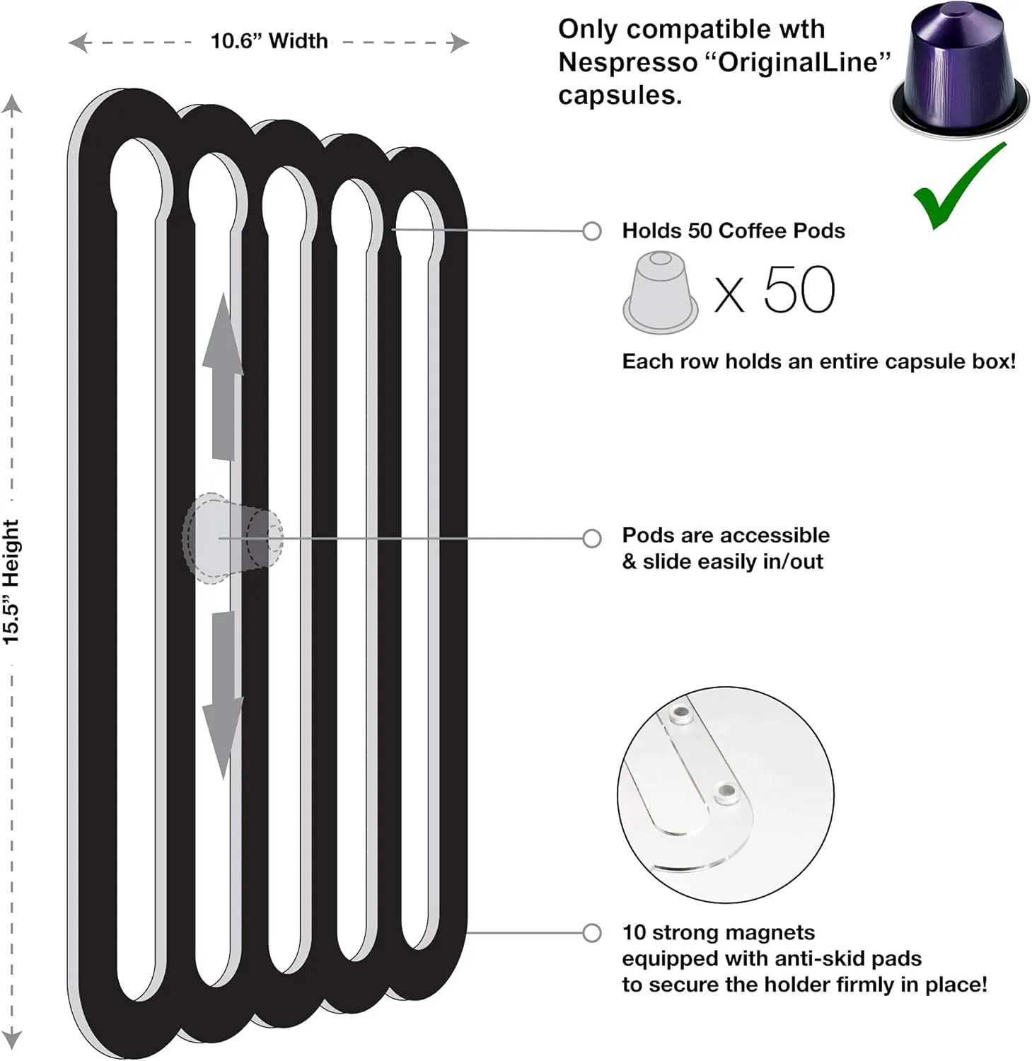 Demi's Home Magnetic Coffee Pod Holder for Nespresso Original Capsules - Suitable to be Mounted on the Fridge (Transparent)