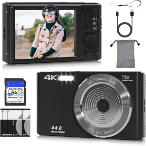 Digital Camera FHD 4K Kids Camera 44MP with 64GB SD Card 2 Batteries Autofocus 16X Digital Zoom Compact Portable Point and Shoot Digital Small Vintage Camera for Teens Boys Girls Students (Black)