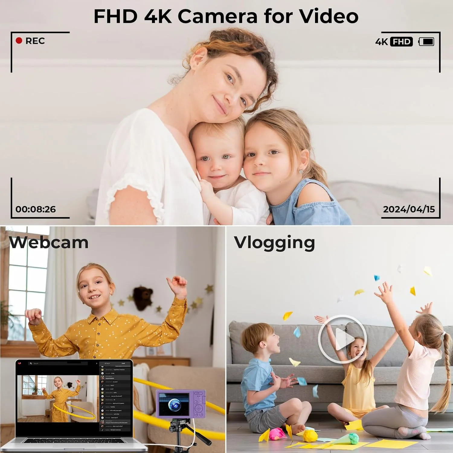 Digital Camera for Kids, FHD 4K 44MP Auto Focus Vlogging Camera with 64GB SD Card Compact Point and Shoot Cameras 16X Zoom Portable Small Camera Gifts for Teens Kids Boys Girls Adult Beginner (Purple)
