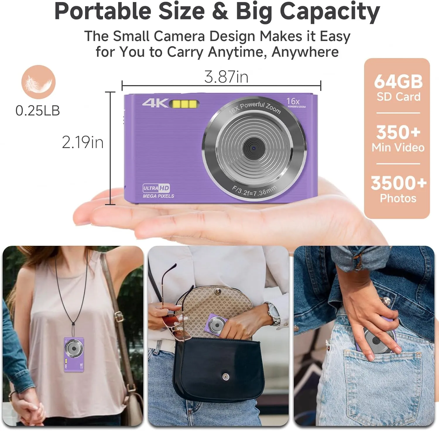 Digital Camera for Kids, FHD 4K 44MP Auto Focus Vlogging Camera with 64GB SD Card Compact Point and Shoot Cameras 16X Zoom Portable Small Camera Gifts for Teens Kids Boys Girls Adult Beginner (Purple)