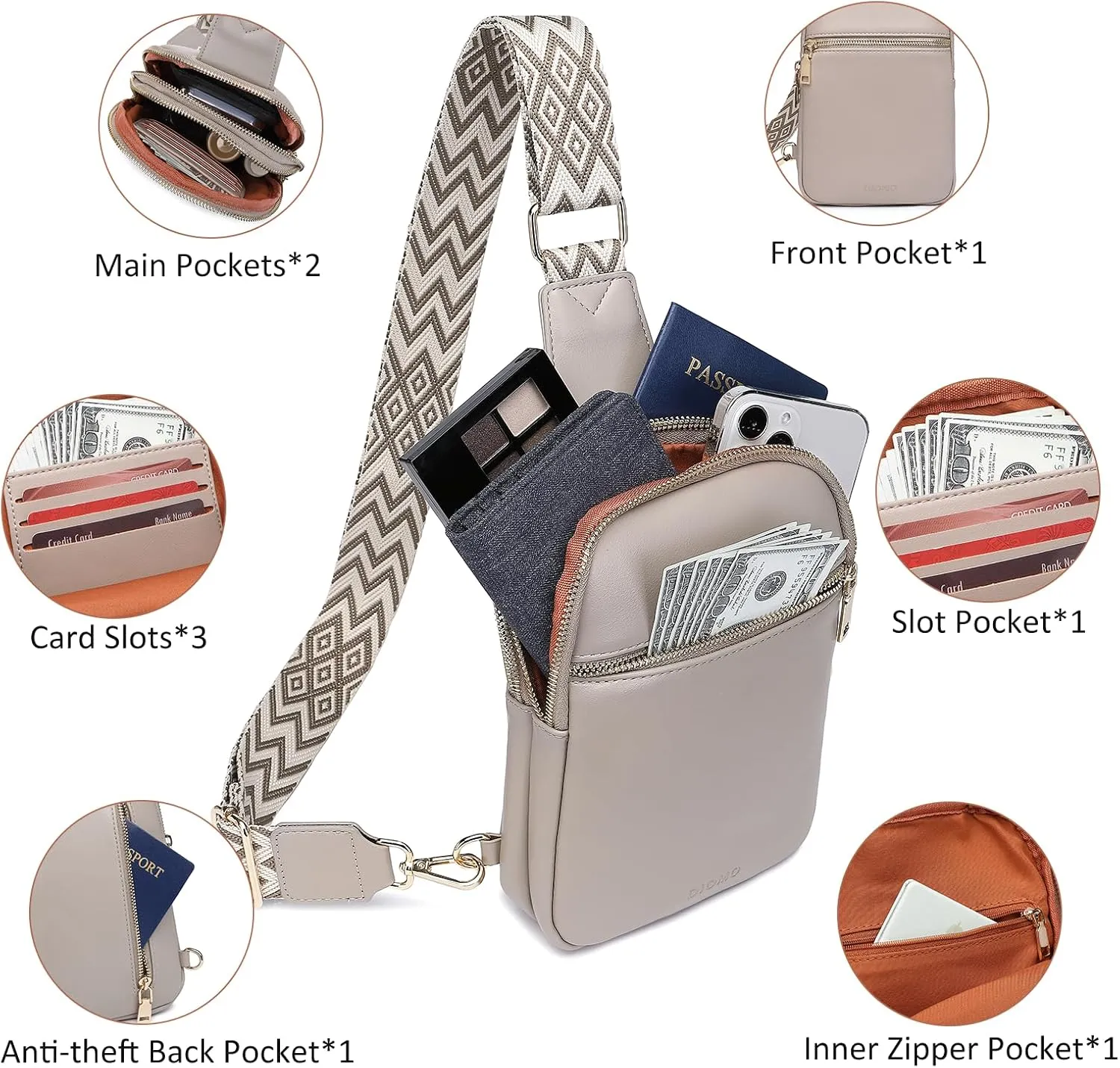 DIOMO Anti Theft Small Sling Bag for Women Cross Body Bag Trendy, RFID Fanny Packs Vegan Leather for Women Travel Belt Purse