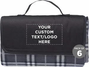 DISCOUNT PROMOS 6 Brookhaven Roll Up Picnic Blankets Set - Customizable Text, Logo - Fleece, Woven Handle - Grey