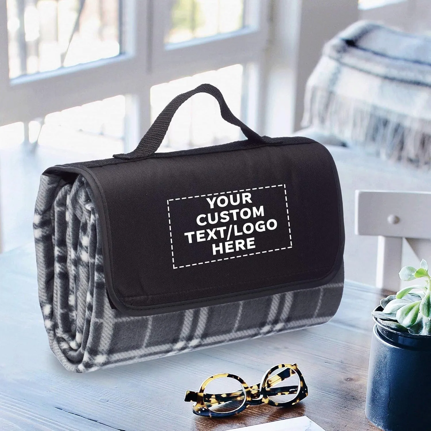 DISCOUNT PROMOS 6 Brookhaven Roll Up Picnic Blankets Set - Customizable Text, Logo - Fleece, Woven Handle - Grey