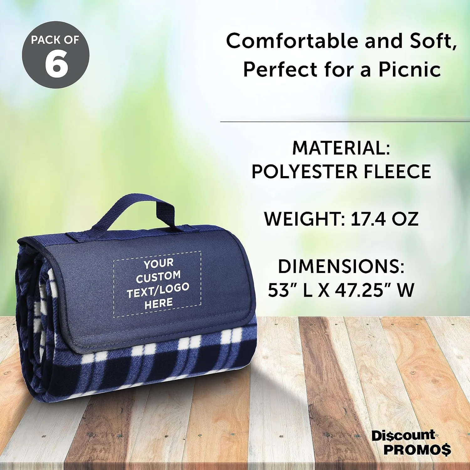 DISCOUNT PROMOS 6 Brookhaven Roll Up Picnic Blankets Set - Customizable Text, Logo - Fleece, Woven Handle - Navy Blue