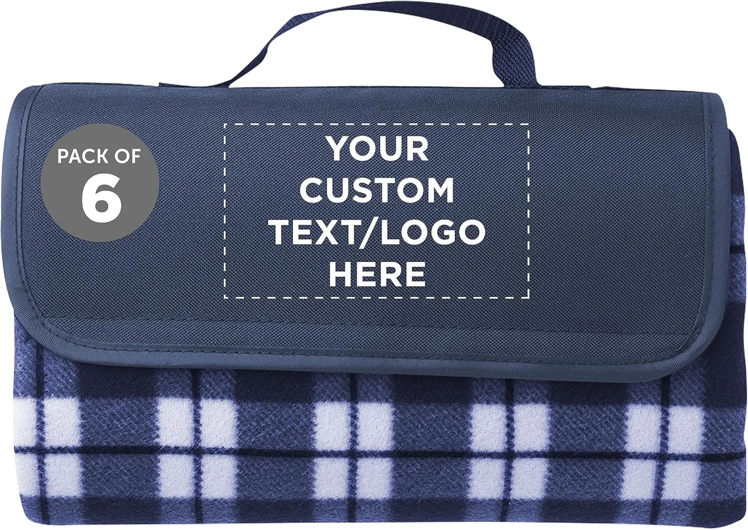 DISCOUNT PROMOS 6 Brookhaven Roll Up Picnic Blankets Set - Customizable Text, Logo - Fleece, Woven Handle - Navy Blue