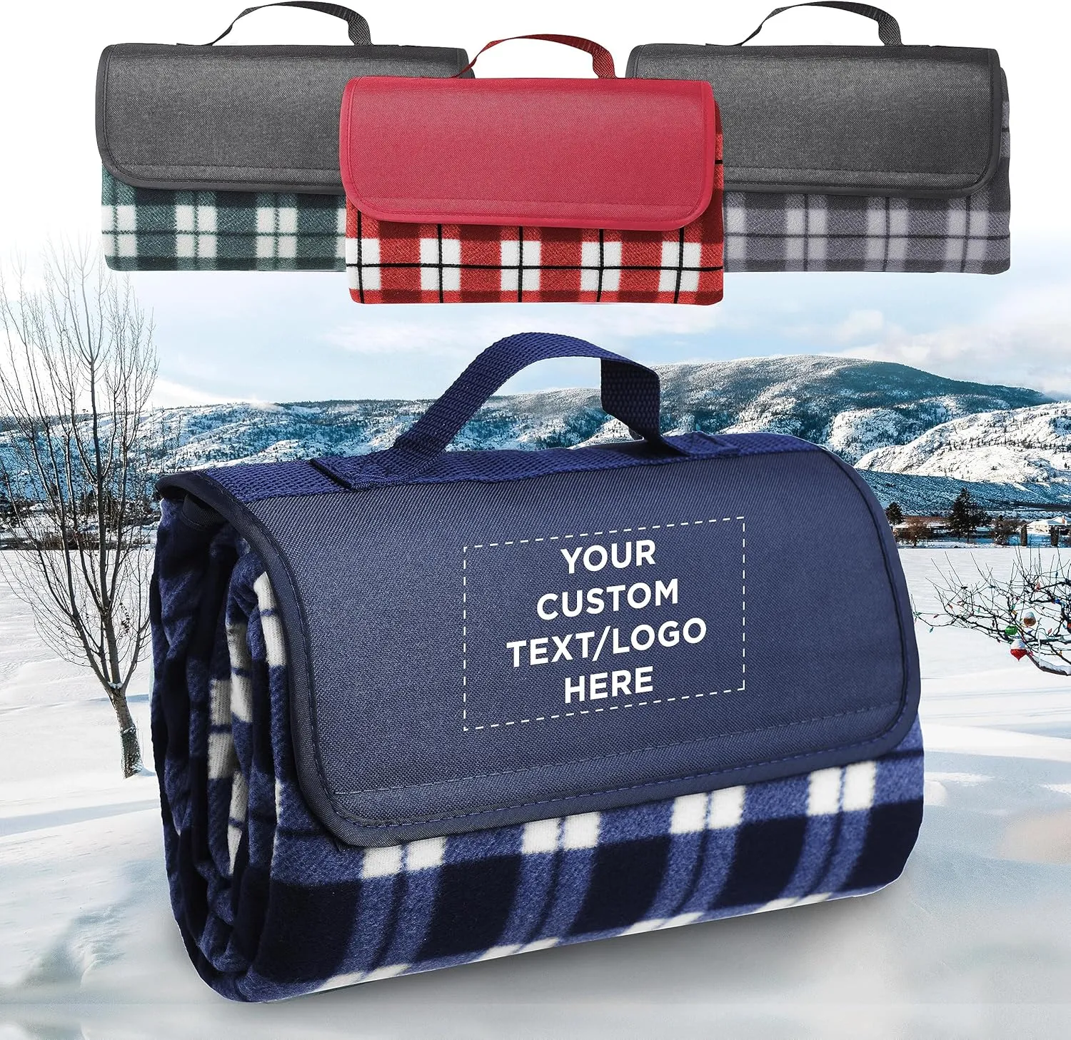 DISCOUNT PROMOS 6 Brookhaven Roll Up Picnic Blankets Set - Customizable Text, Logo - Fleece, Woven Handle - Navy Blue