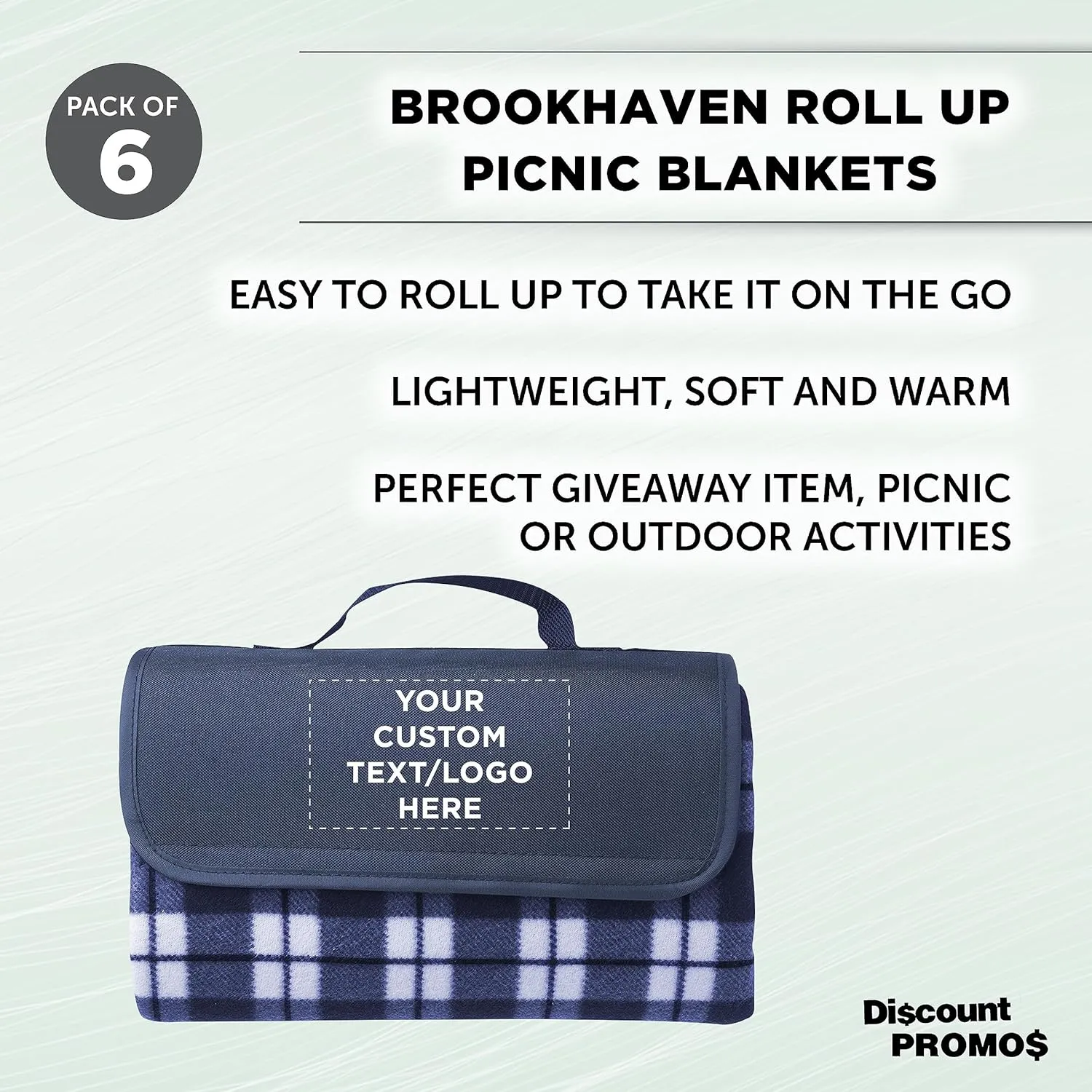 DISCOUNT PROMOS 6 Brookhaven Roll Up Picnic Blankets Set - Customizable Text, Logo - Fleece, Woven Handle - Navy Blue