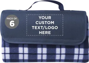 DISCOUNT PROMOS 6 Brookhaven Roll Up Picnic Blankets Set - Customizable Text, Logo - Fleece, Woven Handle - Navy Blue