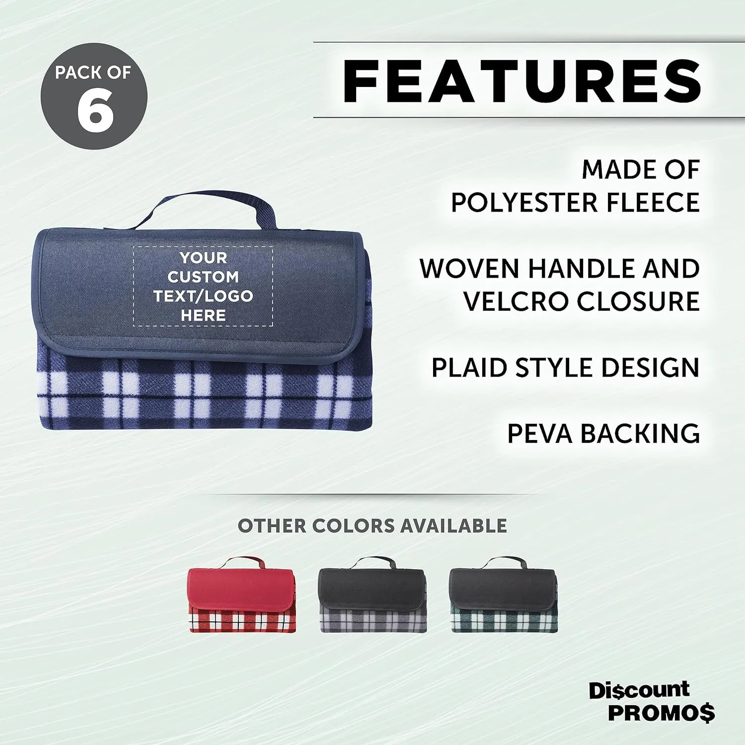 DISCOUNT PROMOS 6 Brookhaven Roll Up Picnic Blankets Set - Customizable Text, Logo - Fleece, Woven Handle - Navy Blue