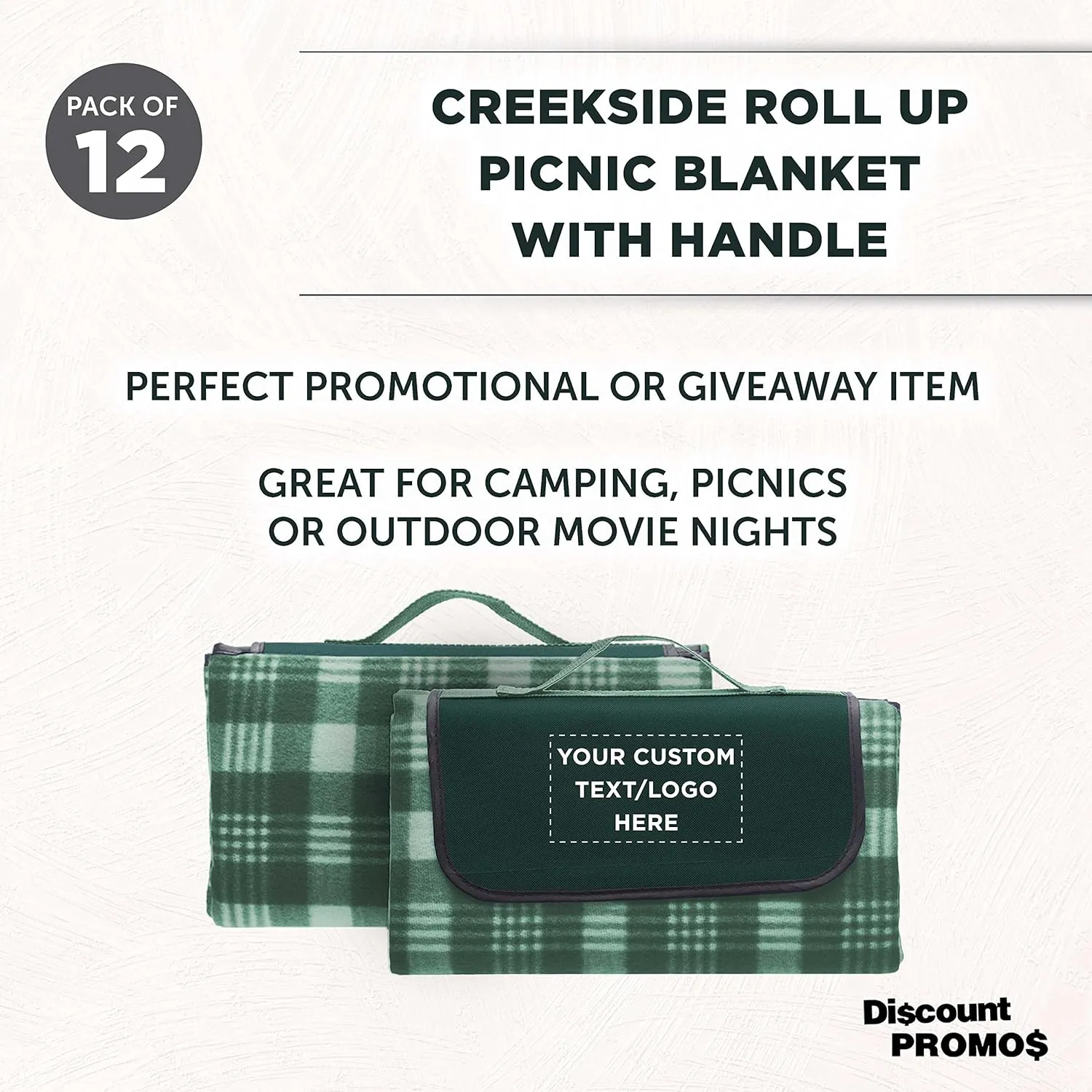 DISCOUNT PROMOS Custom Creekside Roll Up Picnic Blankets Set of 12, Personalized Bulk Pack - Great Outdoor Blanket for Camping, Picnic, Beach, Other Outdoor Activities - Green