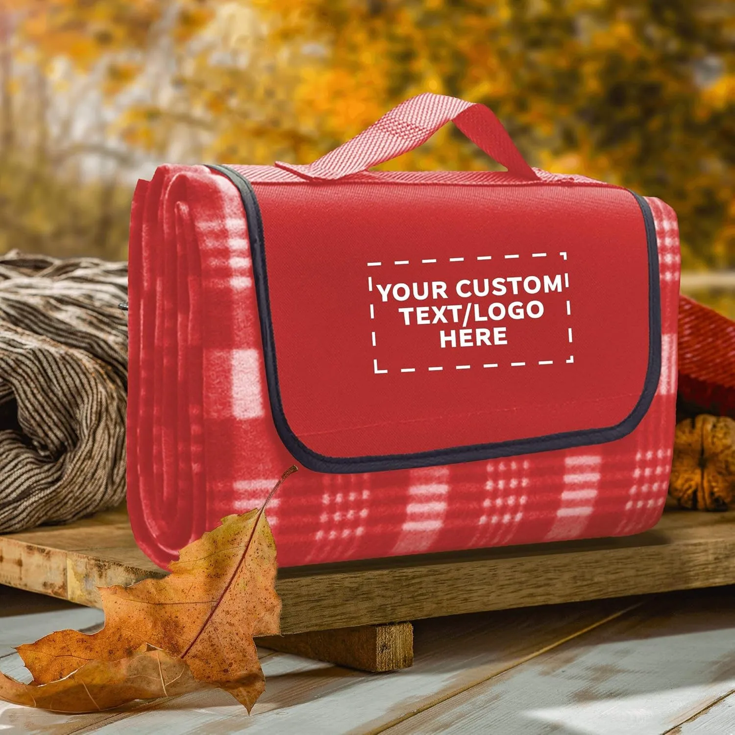 DISCOUNT PROMOS Custom Creekside Roll Up Picnic Blankets Set of 12, Personalized Bulk Pack - Great Outdoor Blanket for Camping, Picnic, Beach, Other Outdoor Activities - Red