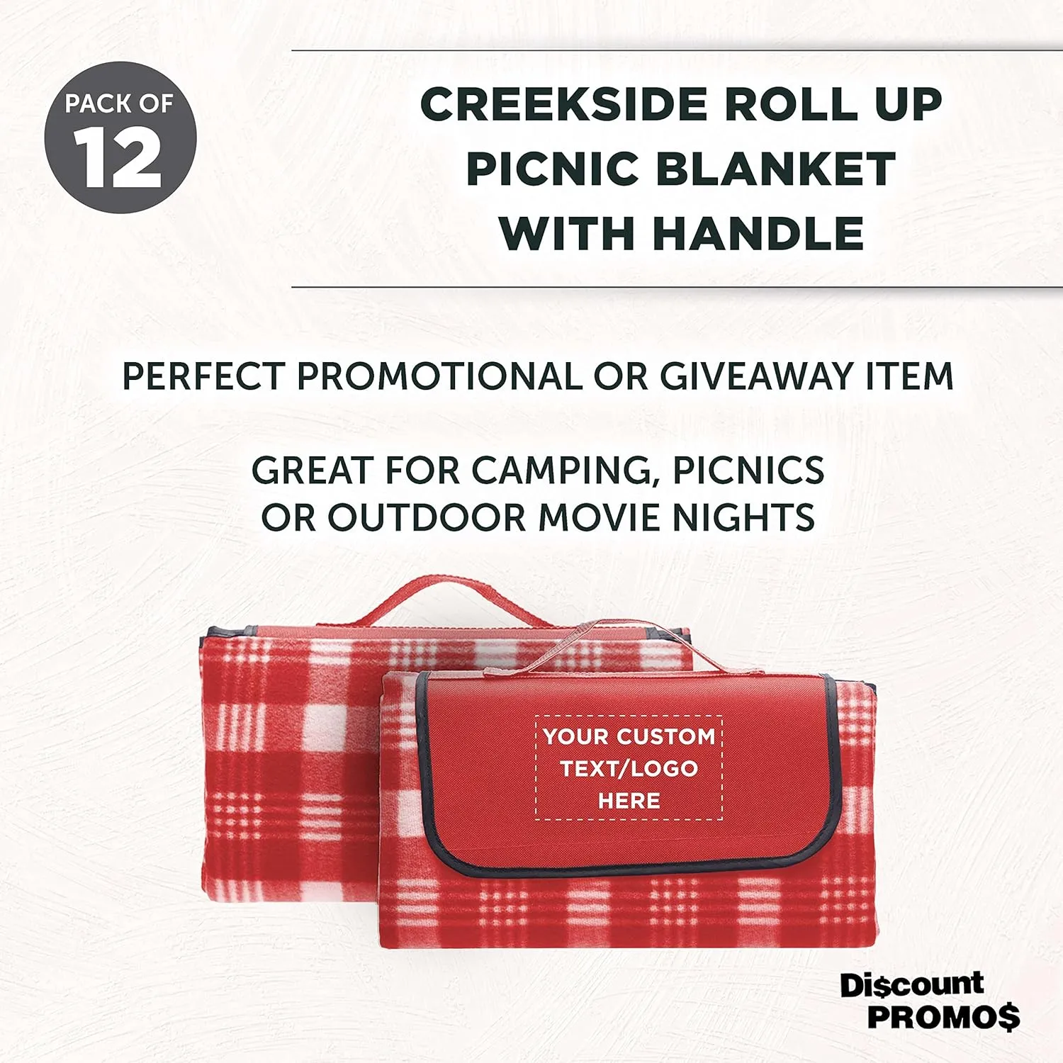 DISCOUNT PROMOS Custom Creekside Roll Up Picnic Blankets Set of 12, Personalized Bulk Pack - Great Outdoor Blanket for Camping, Picnic, Beach, Other Outdoor Activities - Red