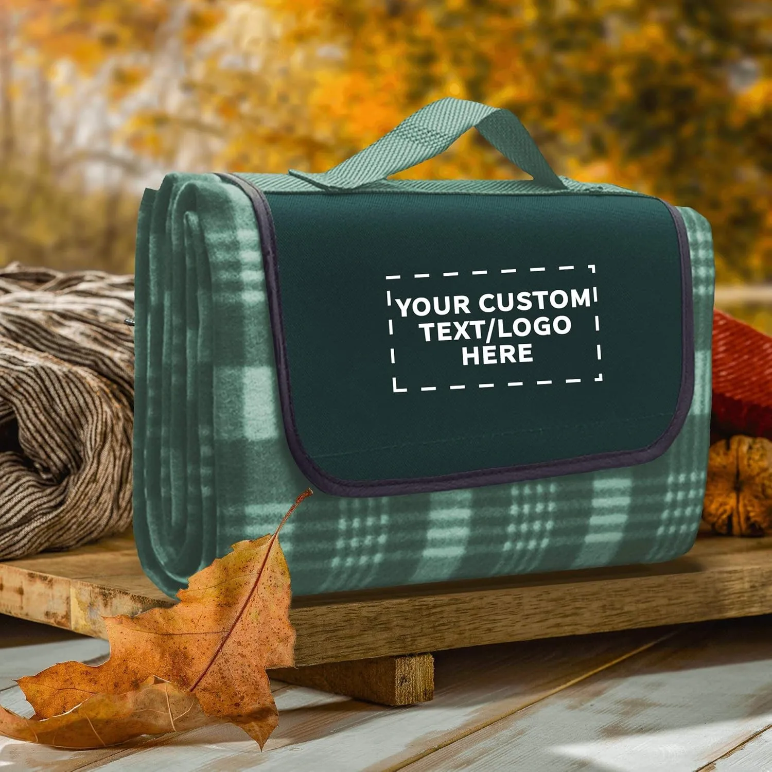 DISCOUNT PROMOS Custom Creekside Roll Up Picnic Blankets Set of 24, Personalized Bulk Pack - Great Outdoor Blanket for Camping, Picnic, Beach, Other Outdoor Activities - Green