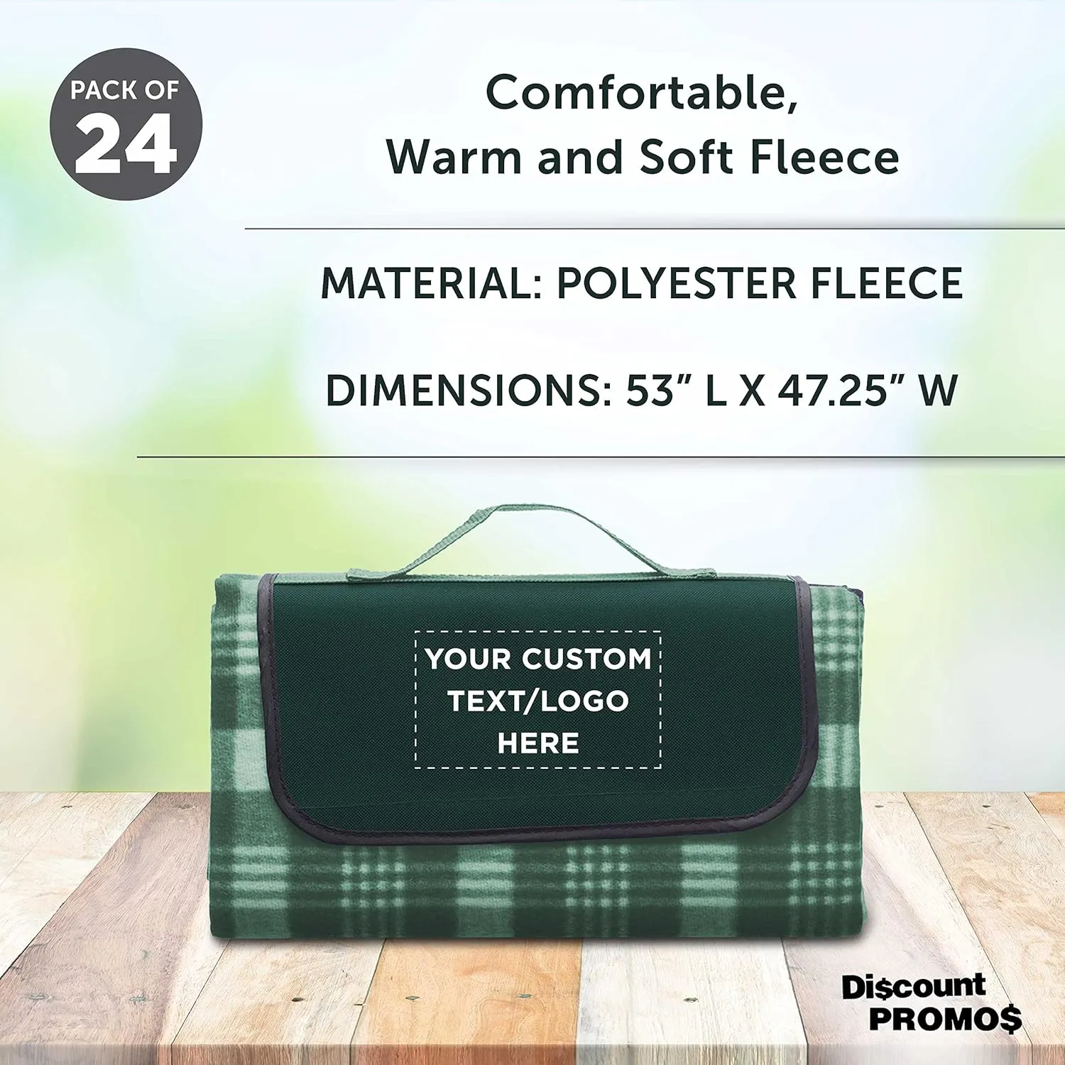 DISCOUNT PROMOS Custom Creekside Roll Up Picnic Blankets Set of 24, Personalized Bulk Pack - Great Outdoor Blanket for Camping, Picnic, Beach, Other Outdoor Activities - Green