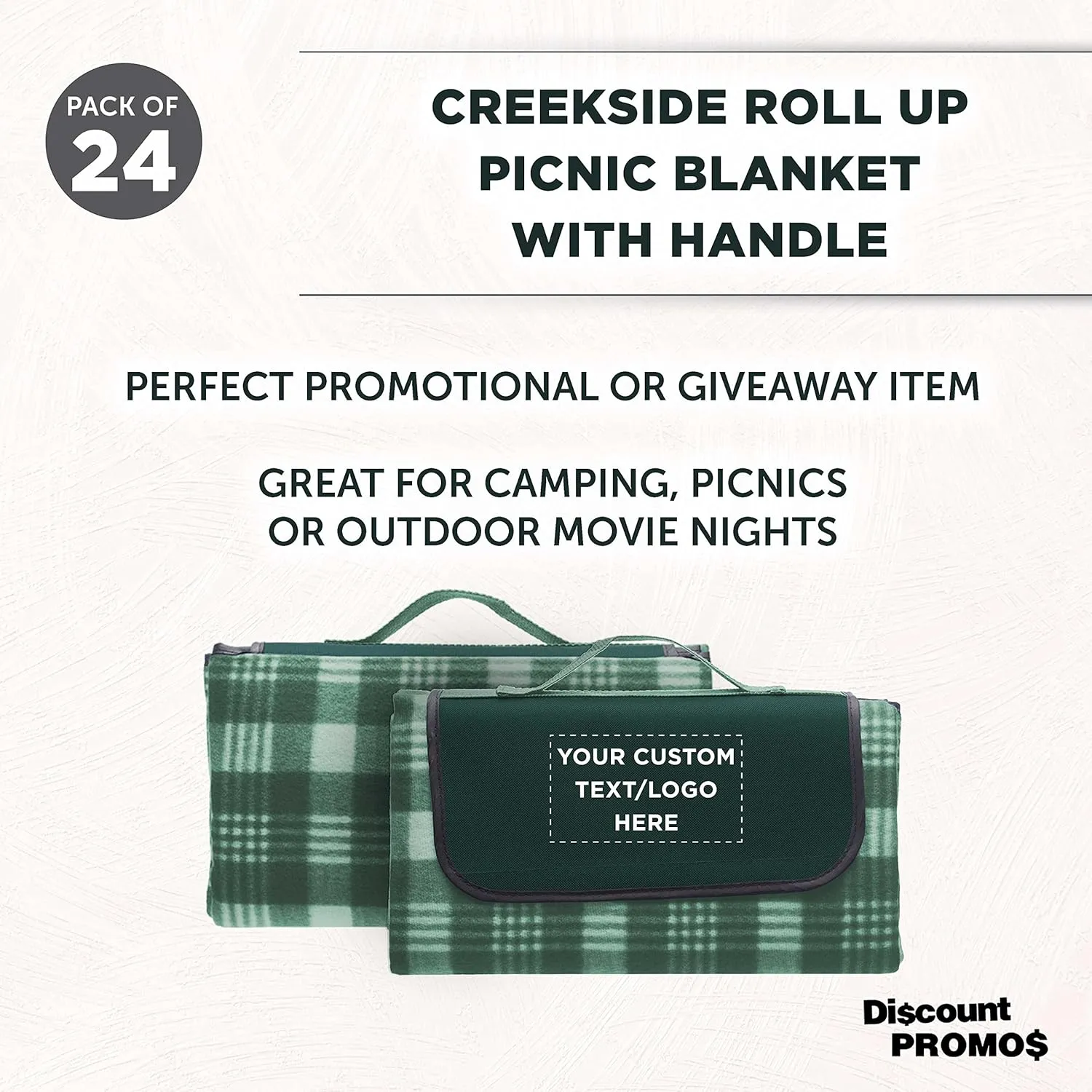 DISCOUNT PROMOS Custom Creekside Roll Up Picnic Blankets Set of 24, Personalized Bulk Pack - Great Outdoor Blanket for Camping, Picnic, Beach, Other Outdoor Activities - Green