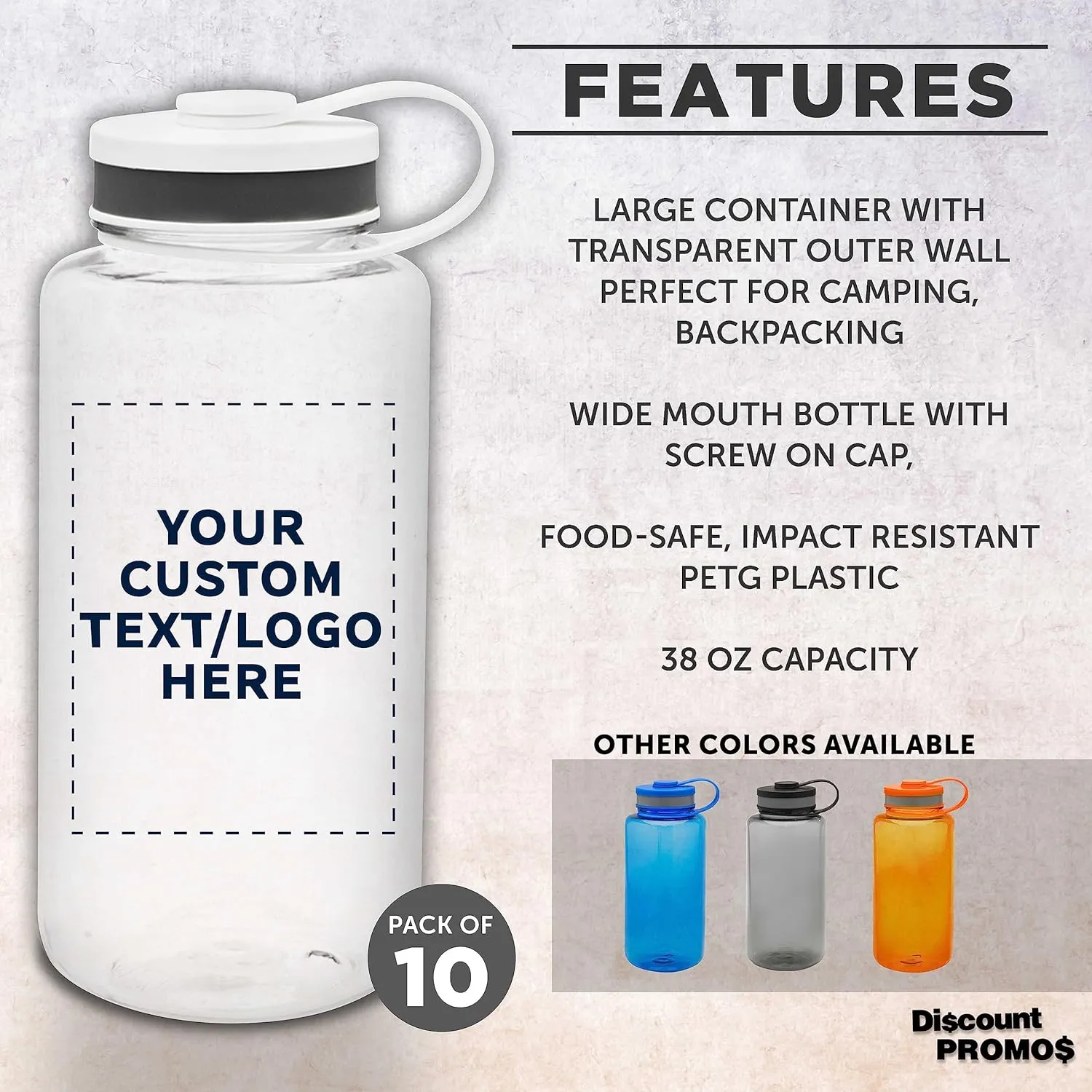 DISCOUNT PROMOS Custom Plastic Sports Water Bottles with Flip Lid 38 oz. Set of 10, Personalized Bulk Pack - Great for Gym, Hiking, Cycling, Camping, Backpacking, School - Clear