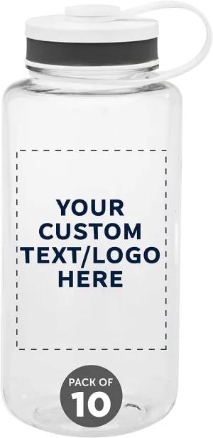 DISCOUNT PROMOS Custom Plastic Sports Water Bottles with Flip Lid 38 oz. Set of 10, Personalized Bulk Pack - Great for Gym, Hiking, Cycling, Camping, Backpacking, School - Clear