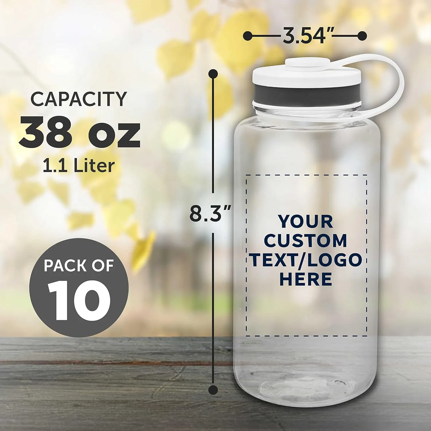 DISCOUNT PROMOS Custom Plastic Sports Water Bottles with Flip Lid 38 oz. Set of 10, Personalized Bulk Pack - Great for Gym, Hiking, Cycling, Camping, Backpacking, School - Clear
