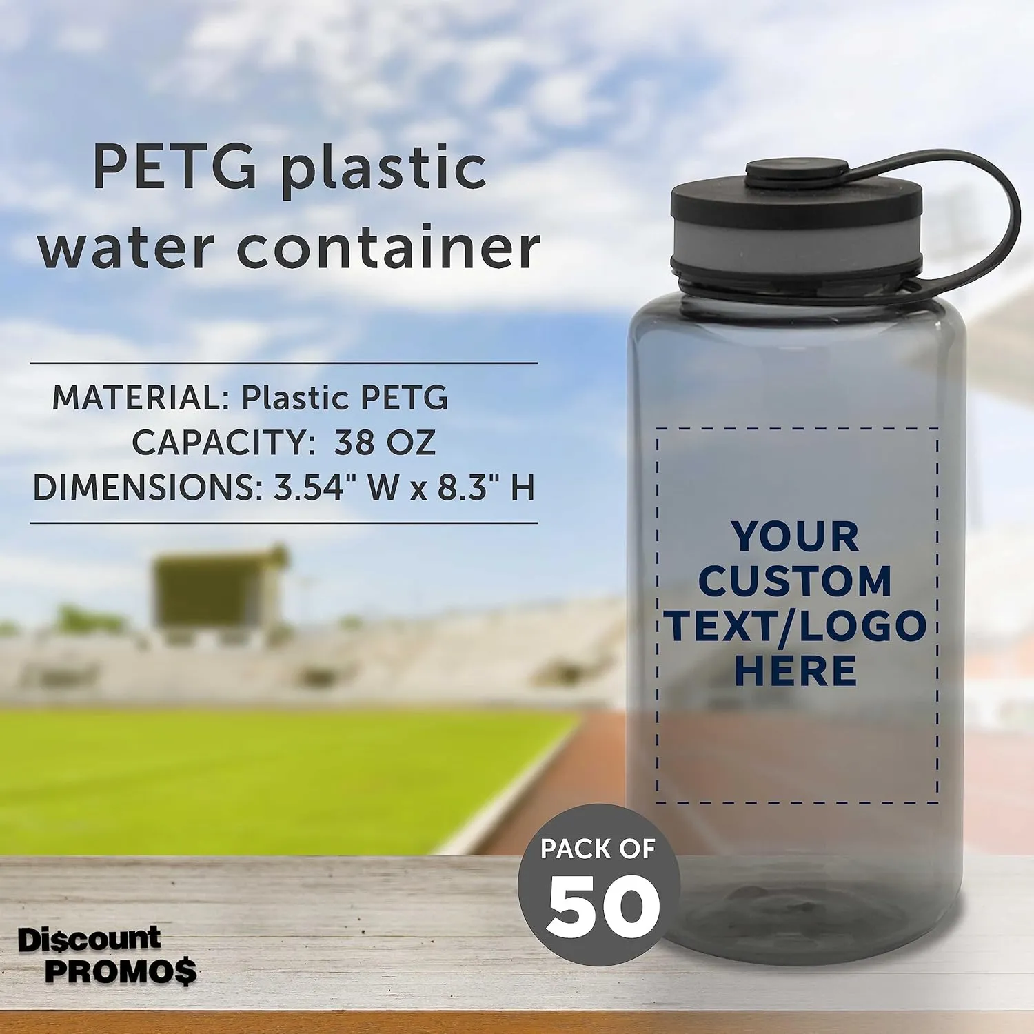 DISCOUNT PROMOS Custom Plastic Sports Water Bottles with Flip Lid 38 oz. Set of 50, Personalized Bulk Pack - Great for Gym, Hiking, Cycling, Camping, Backpacking, School - Smoke