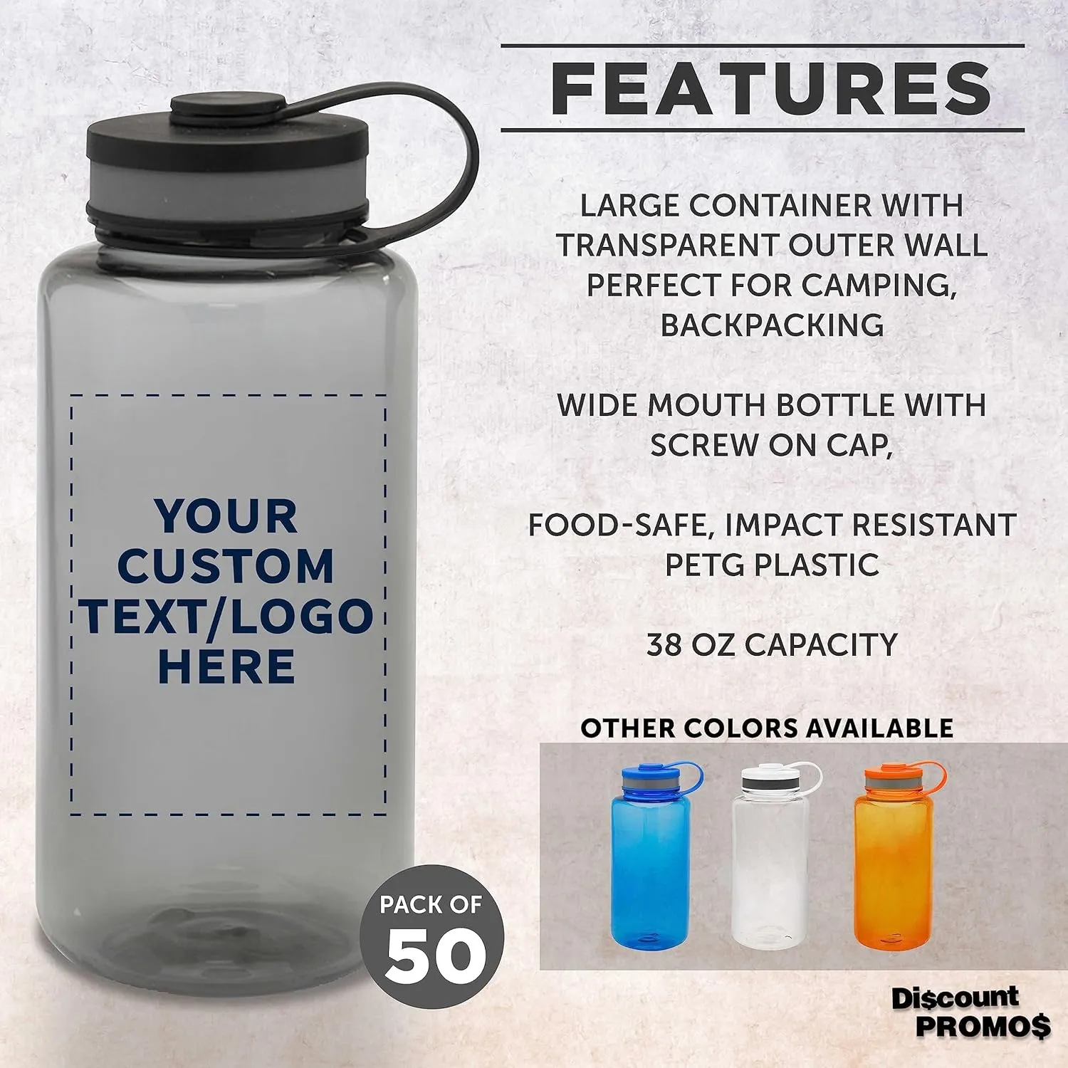 DISCOUNT PROMOS Custom Plastic Sports Water Bottles with Flip Lid 38 oz. Set of 50, Personalized Bulk Pack - Great for Gym, Hiking, Cycling, Camping, Backpacking, School - Smoke