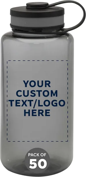 DISCOUNT PROMOS Custom Plastic Sports Water Bottles with Flip Lid 38 oz. Set of 50, Personalized Bulk Pack - Great for Gym, Hiking, Cycling, Camping, Backpacking, School - Smoke
