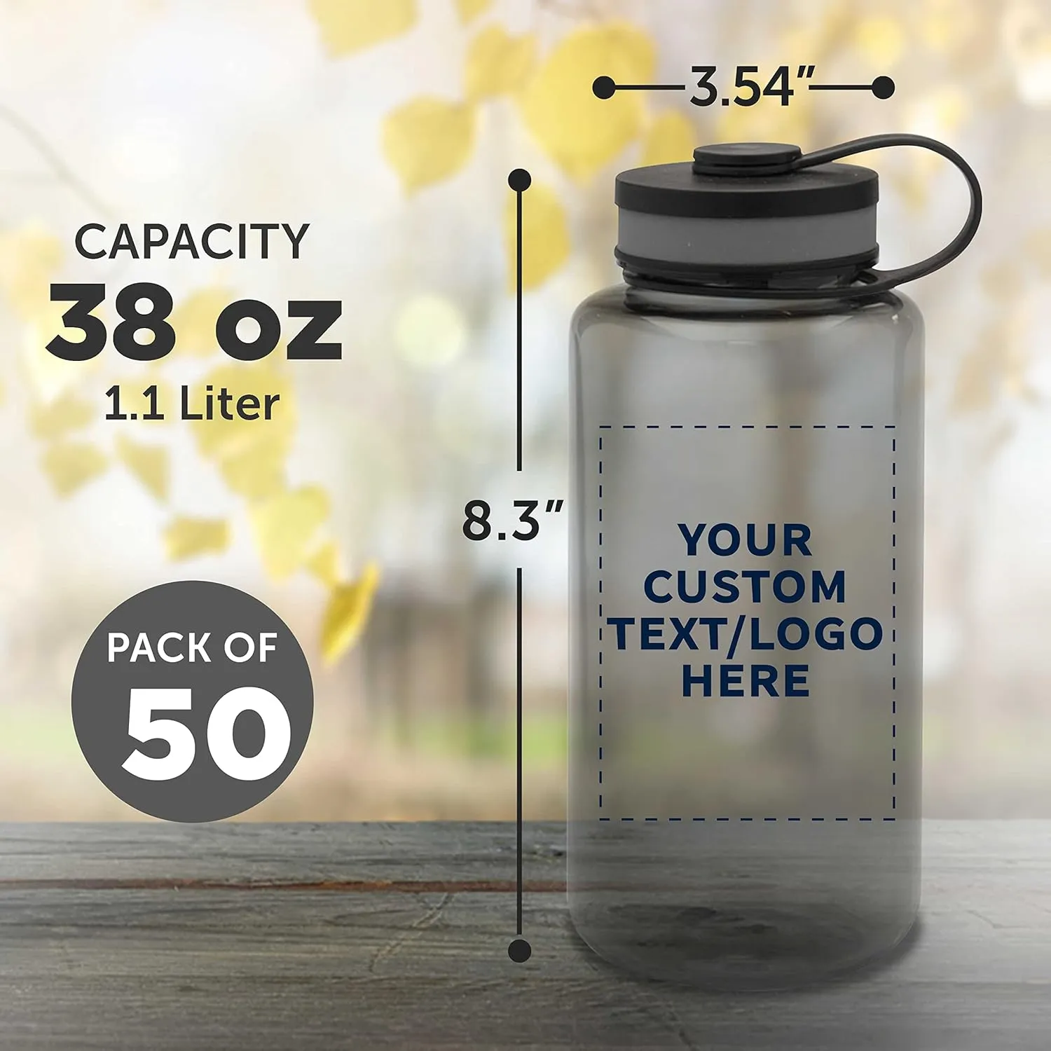 DISCOUNT PROMOS Custom Plastic Sports Water Bottles with Flip Lid 38 oz. Set of 50, Personalized Bulk Pack - Great for Gym, Hiking, Cycling, Camping, Backpacking, School - Smoke