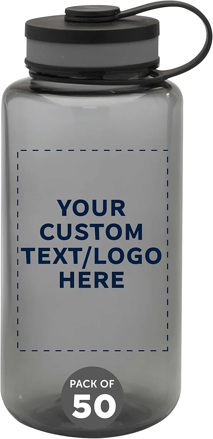 DISCOUNT PROMOS Custom Plastic Sports Water Bottles with Flip Lid 38 oz. Set of 50, Personalized Bulk Pack - Great for Gym, Hiking, Cycling, Camping, Backpacking, School - Smoke
