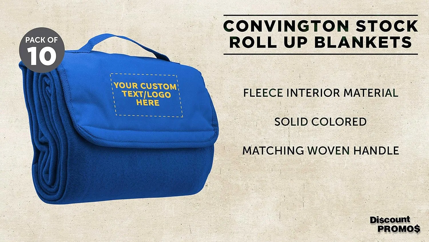 DISCOUNT PROMOS Custom Roll Up Picnic Blankets Set of 10, Personalized Bulk Pack - Great Outdoor Blanket for Camping, Picnic, Beach, Sports, Outdoor Activities - Blue