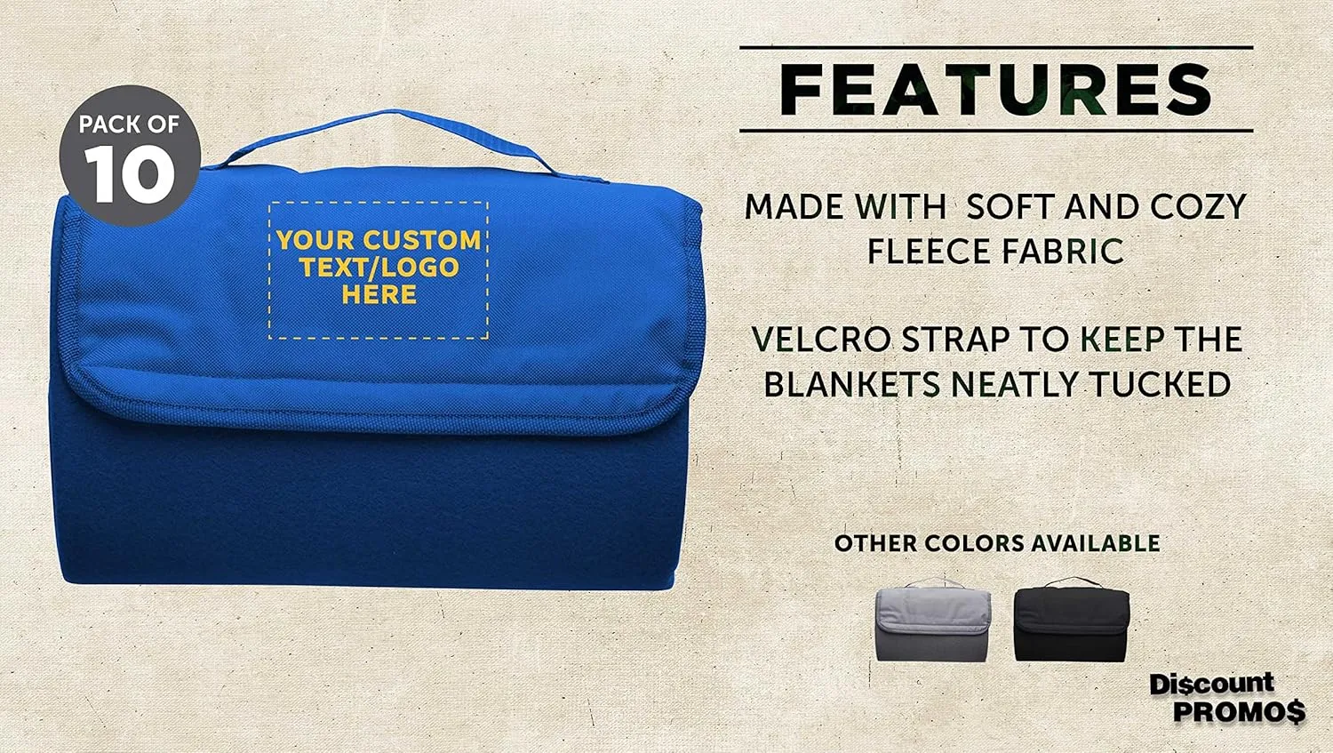 DISCOUNT PROMOS Custom Roll Up Picnic Blankets Set of 10, Personalized Bulk Pack - Great Outdoor Blanket for Camping, Picnic, Beach, Sports, Outdoor Activities - Blue