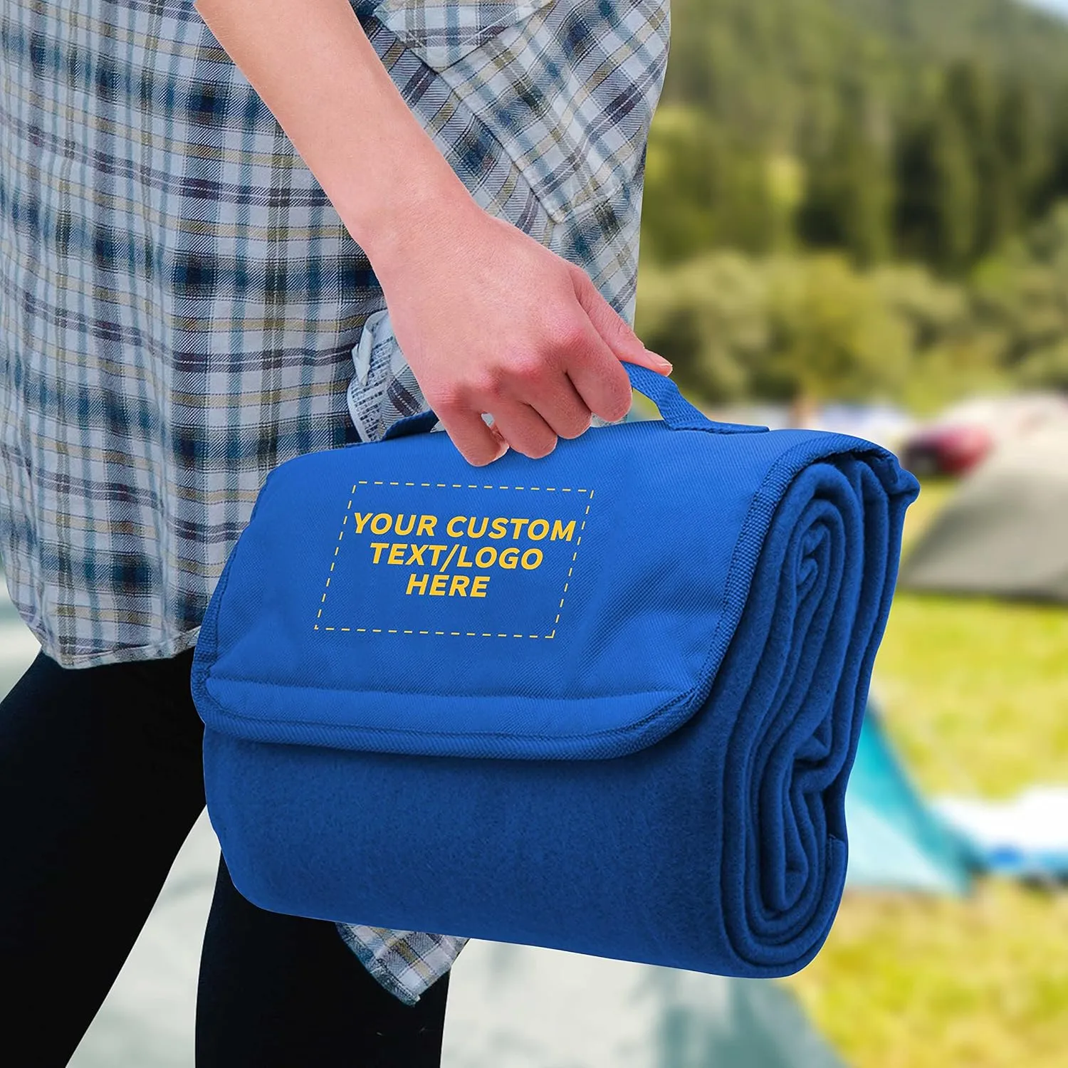 DISCOUNT PROMOS Custom Roll Up Picnic Blankets Set of 10, Personalized Bulk Pack - Great Outdoor Blanket for Camping, Picnic, Beach, Sports, Outdoor Activities - Blue