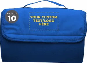 DISCOUNT PROMOS Custom Roll Up Picnic Blankets Set of 10, Personalized Bulk Pack - Great Outdoor Blanket for Camping, Picnic, Beach, Sports, Outdoor Activities - Blue