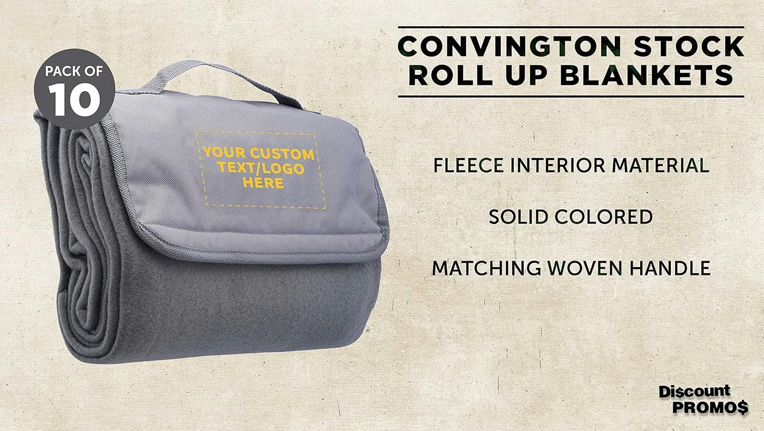 DISCOUNT PROMOS Custom Roll Up Picnic Blankets Set of 10, Personalized Bulk Pack - Great Outdoor Blanket for Camping, Picnic, Beach, Sports, Outdoor Activities - Grey