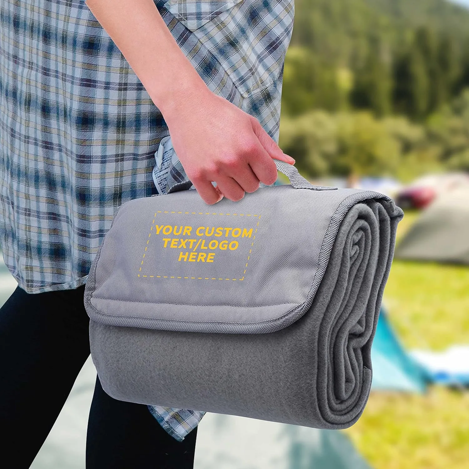 DISCOUNT PROMOS Custom Roll Up Picnic Blankets Set of 10, Personalized Bulk Pack - Great Outdoor Blanket for Camping, Picnic, Beach, Sports, Outdoor Activities - Grey