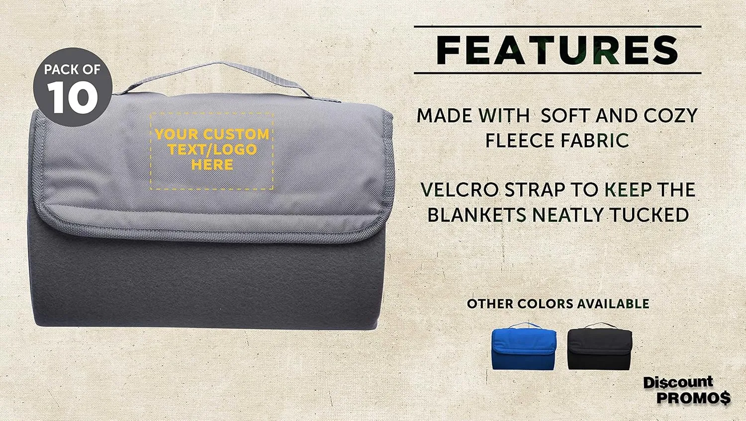 DISCOUNT PROMOS Custom Roll Up Picnic Blankets Set of 10, Personalized Bulk Pack - Great Outdoor Blanket for Camping, Picnic, Beach, Sports, Outdoor Activities - Grey