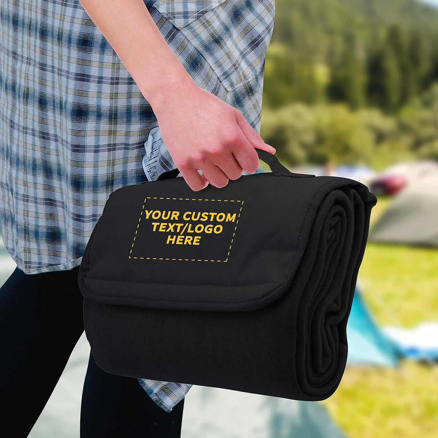 DISCOUNT PROMOS Custom Roll Up Picnic Blankets Set of 100, Personalized Bulk Pack - Great Outdoor Blanket for Camping, Picnic, Beach, Sports, Outdoor Activities - Black