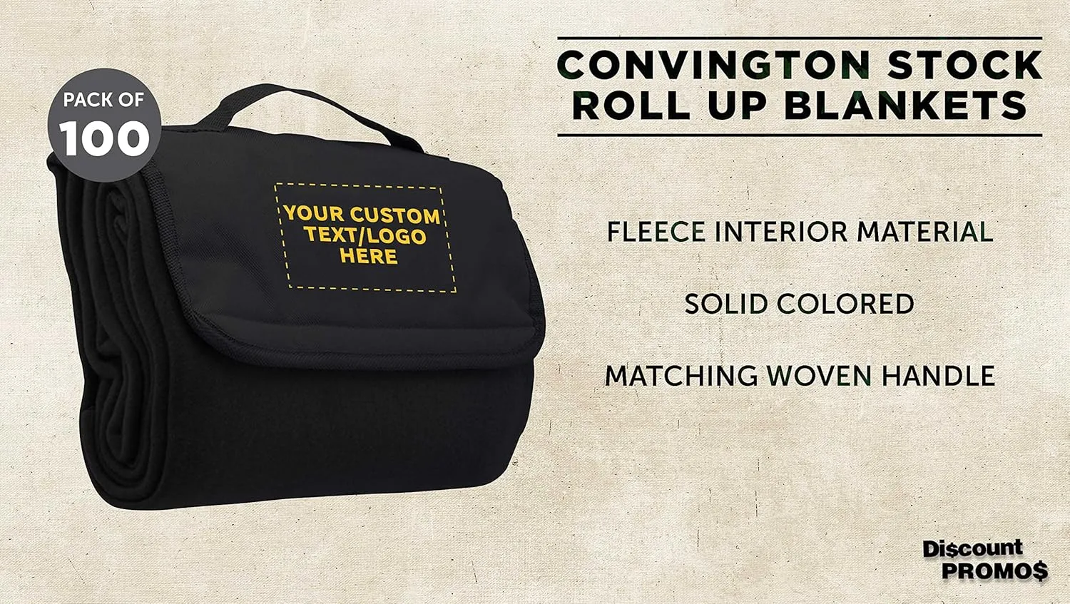 DISCOUNT PROMOS Custom Roll Up Picnic Blankets Set of 100, Personalized Bulk Pack - Great Outdoor Blanket for Camping, Picnic, Beach, Sports, Outdoor Activities - Black
