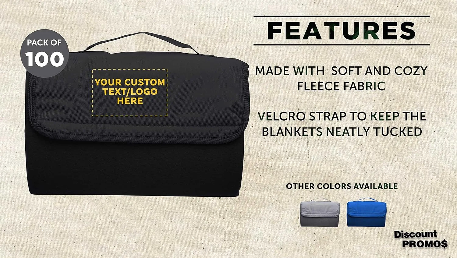 DISCOUNT PROMOS Custom Roll Up Picnic Blankets Set of 100, Personalized Bulk Pack - Great Outdoor Blanket for Camping, Picnic, Beach, Sports, Outdoor Activities - Black