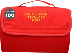 DISCOUNT PROMOS Custom Roll Up Picnic Blankets Set of 100, Personalized Bulk Pack - Great Outdoor Blanket for Camping, Picnic, Beach, Sports, Outdoor Activities - Red