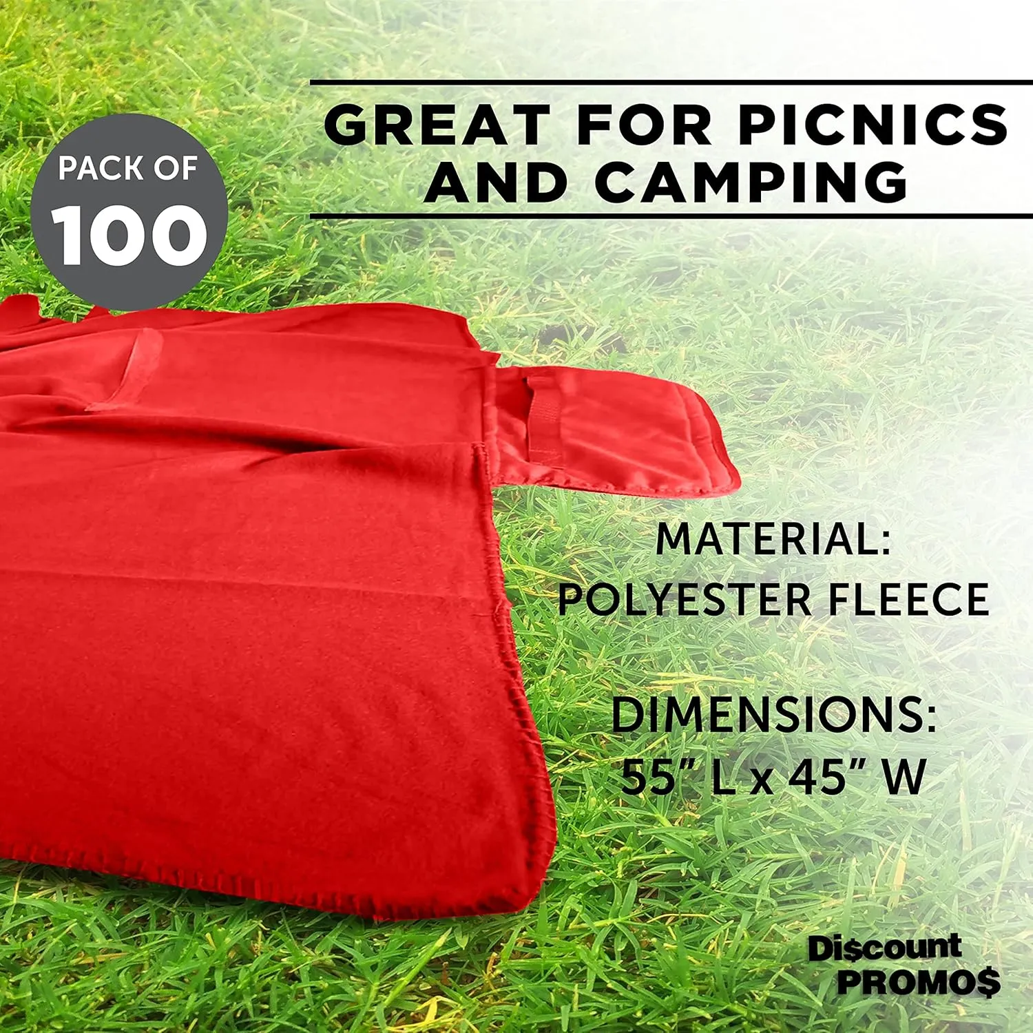 DISCOUNT PROMOS Custom Roll Up Picnic Blankets Set of 100, Personalized Bulk Pack - Great Outdoor Blanket for Camping, Picnic, Beach, Sports, Outdoor Activities - Red