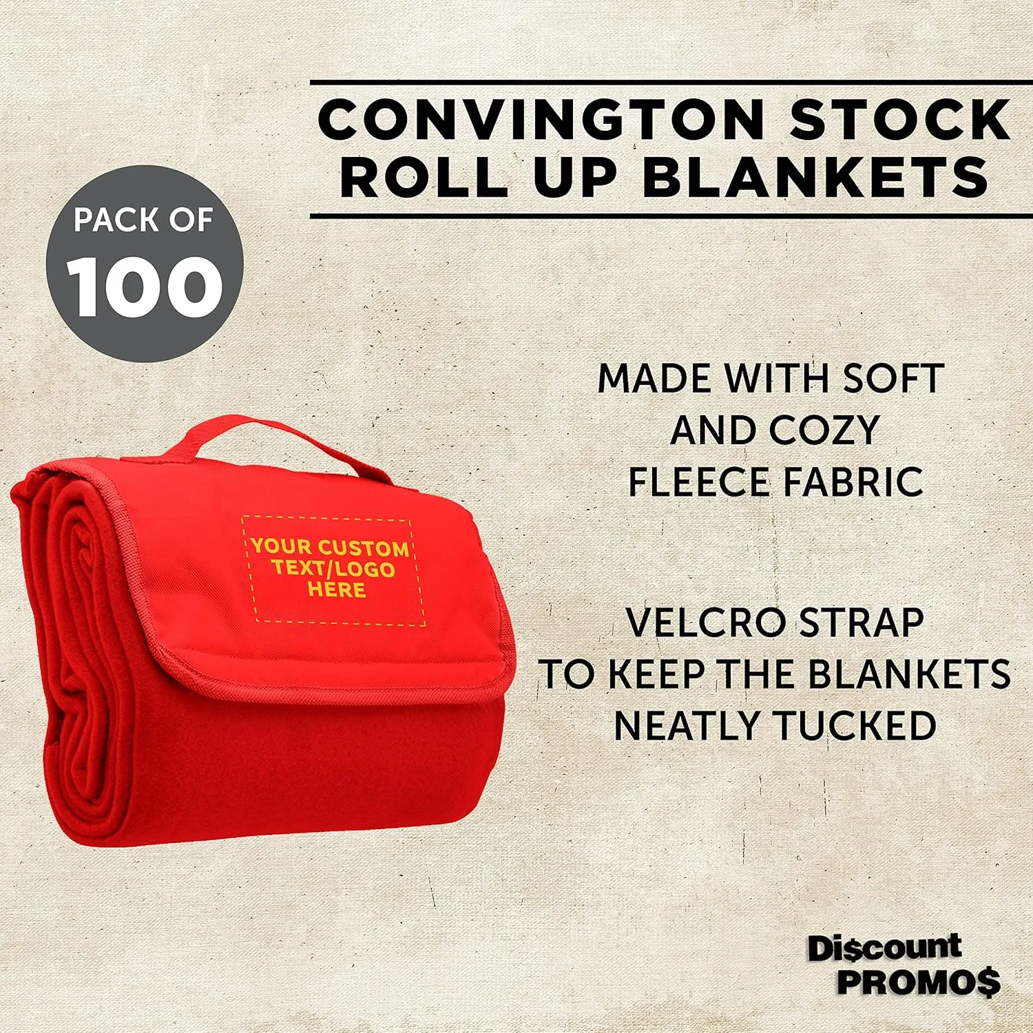 DISCOUNT PROMOS Custom Roll Up Picnic Blankets Set of 100, Personalized Bulk Pack - Great Outdoor Blanket for Camping, Picnic, Beach, Sports, Outdoor Activities - Red