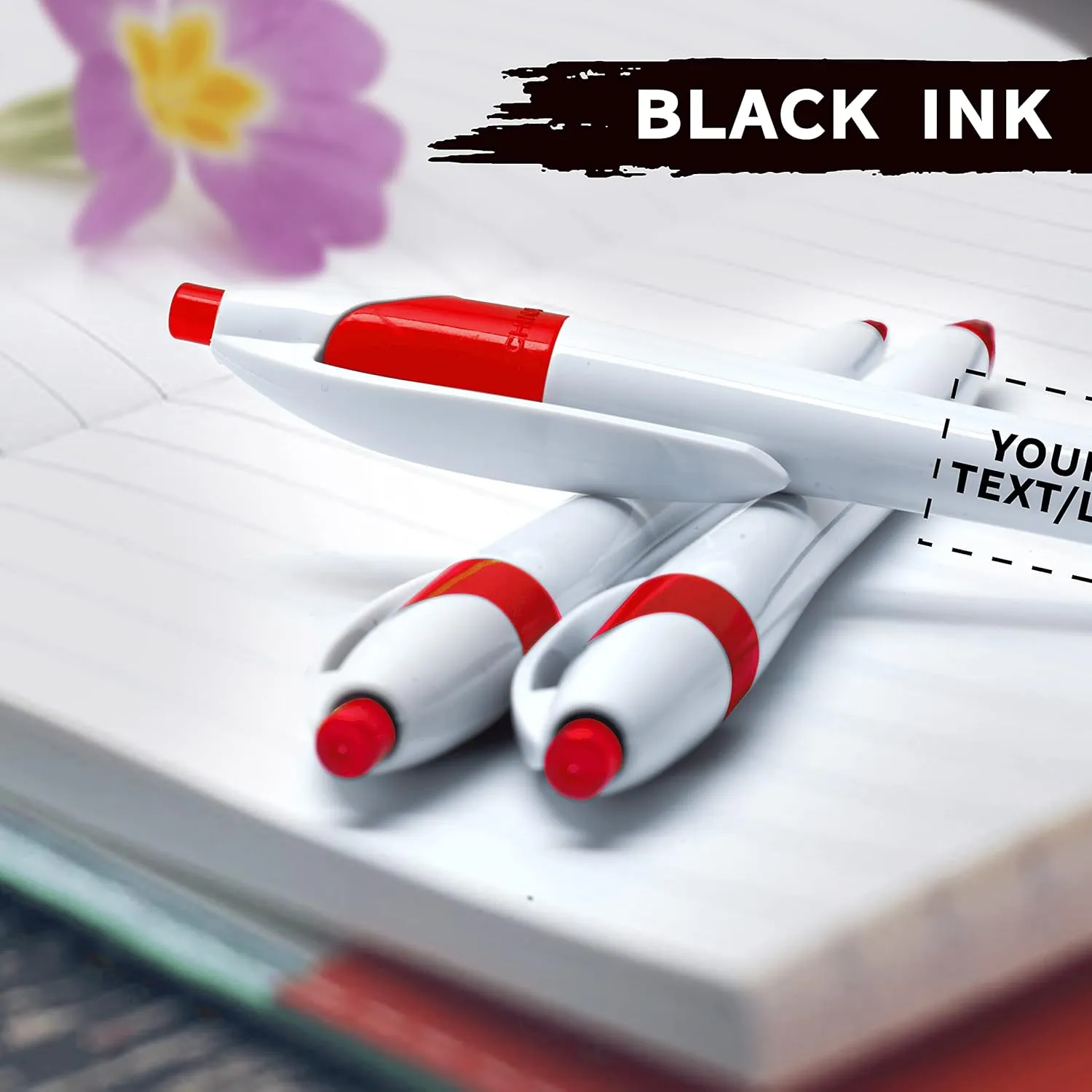DISCOUNT PROMOS Custom Slim Curvy Ballpoint Pens Set of 10, Personalized Bulk Pack - Black Ink, Retractable, Great for Office, School, Tradeshows - Red