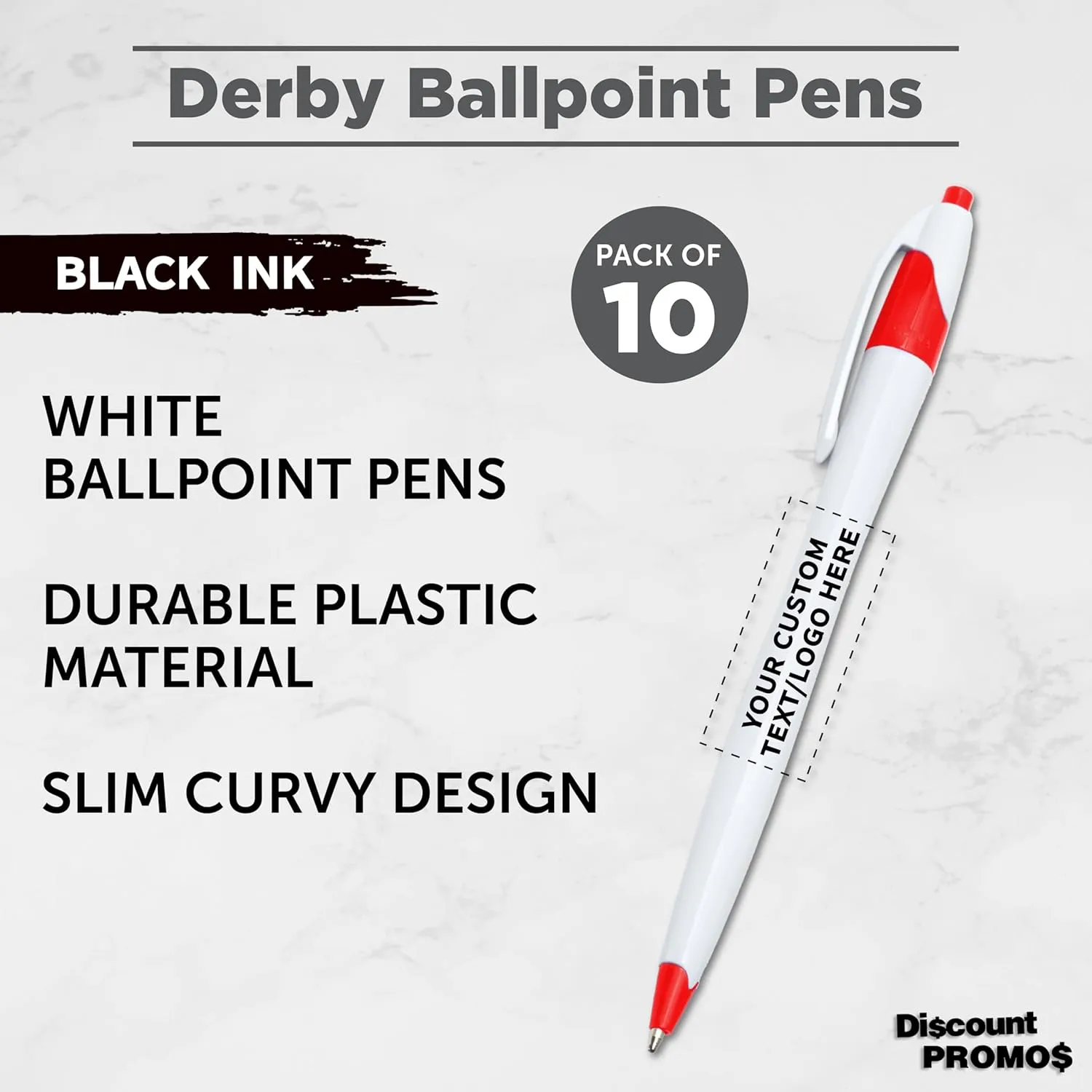DISCOUNT PROMOS Custom Slim Curvy Ballpoint Pens Set of 10, Personalized Bulk Pack - Black Ink, Retractable, Great for Office, School, Tradeshows - Red